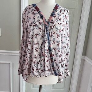 Democracy Blouse 1X Women Floral Faux Wrap Ruffle Cuff Cream Boho Peasant Top